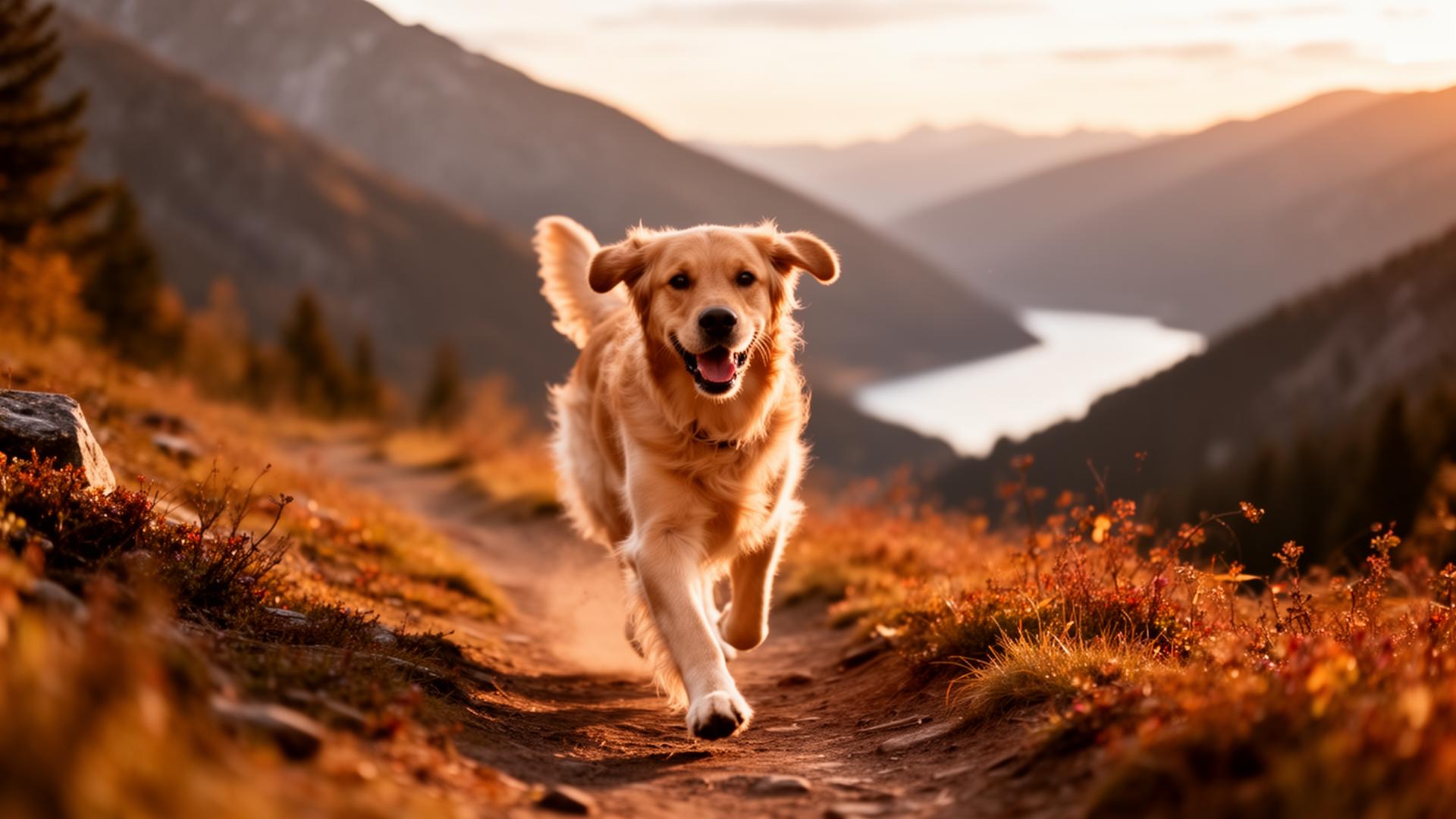 Golden retriever running on a mountain trail at golden hour