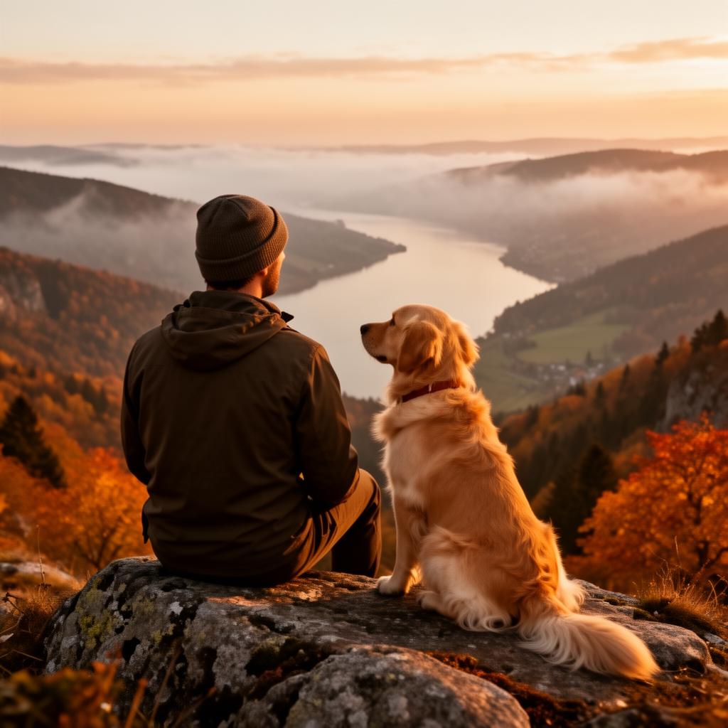 Owner and golden retriever overlooking a misty valley at sunset